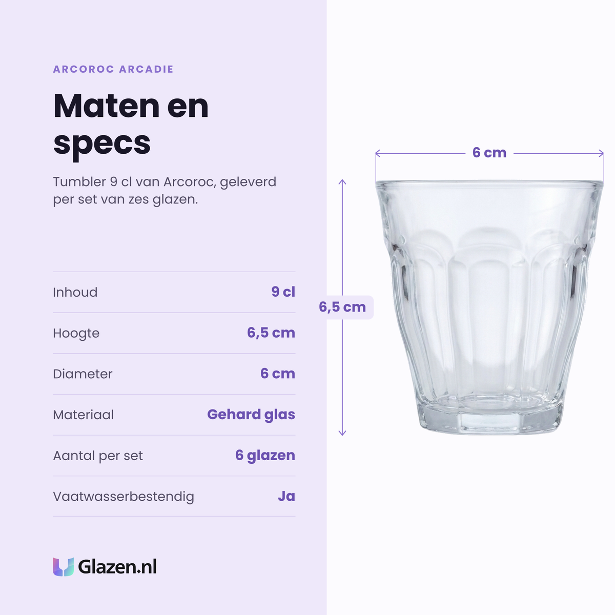 Arcoroc Arcadie tumbler 9 cl specificaties: inhoud 9 cl, hoogte 6,5 cm, diameter 6 cm, gehard glas, set van 6