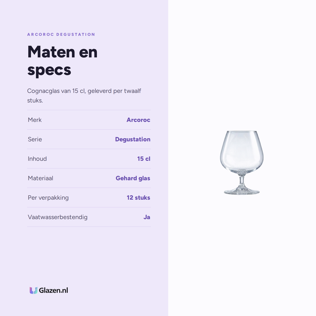 Arcoroc Degustation Cognacglas 15 Cl - 12 Stuks, maten en specs