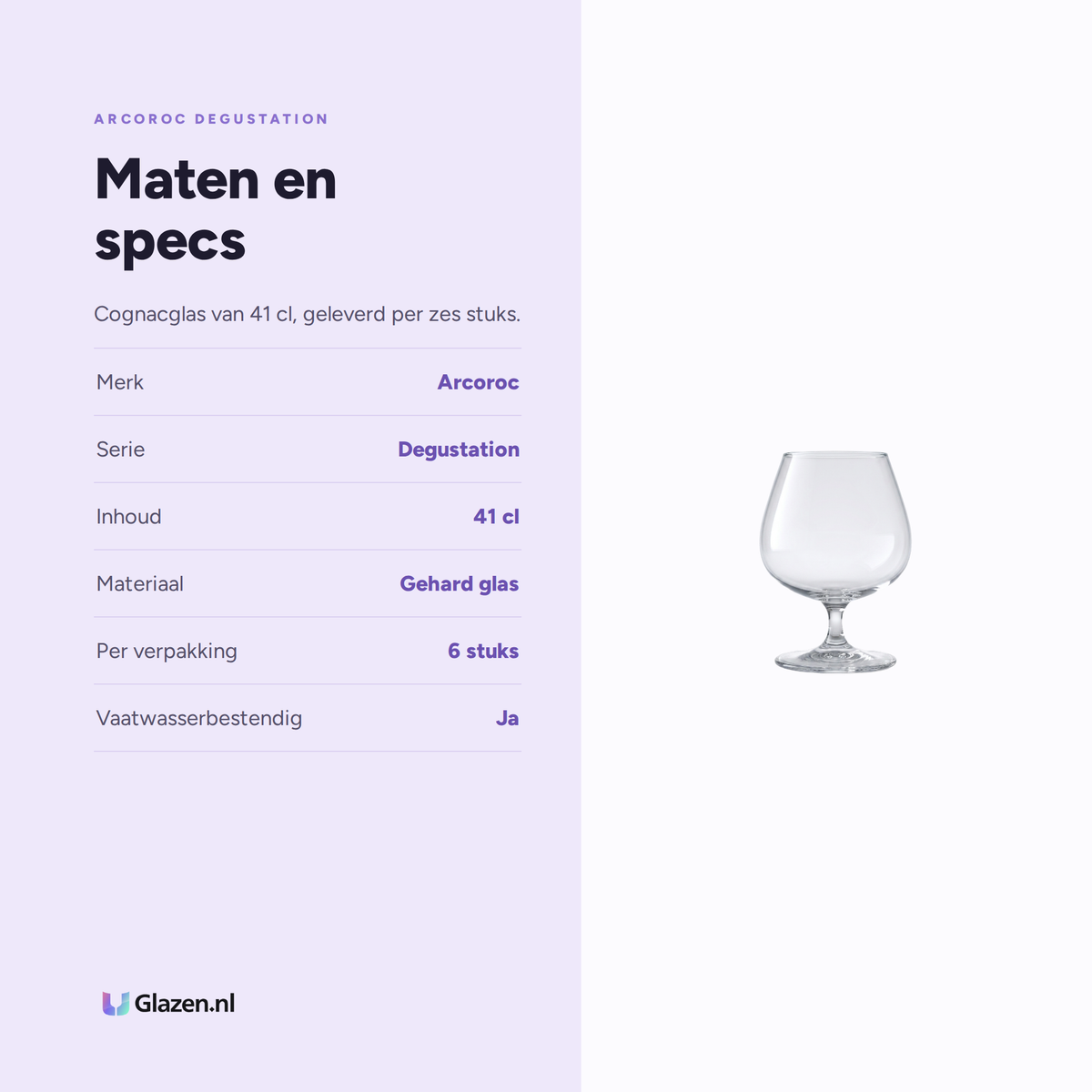 Arcoroc Degustation Cognacglas 41 Cl - 6 Stuks, maten en specs