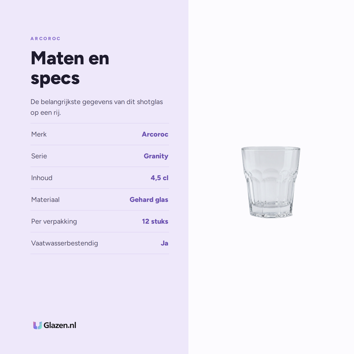 Arcoroc Granity Shotglas 4,5 cl maten en specs