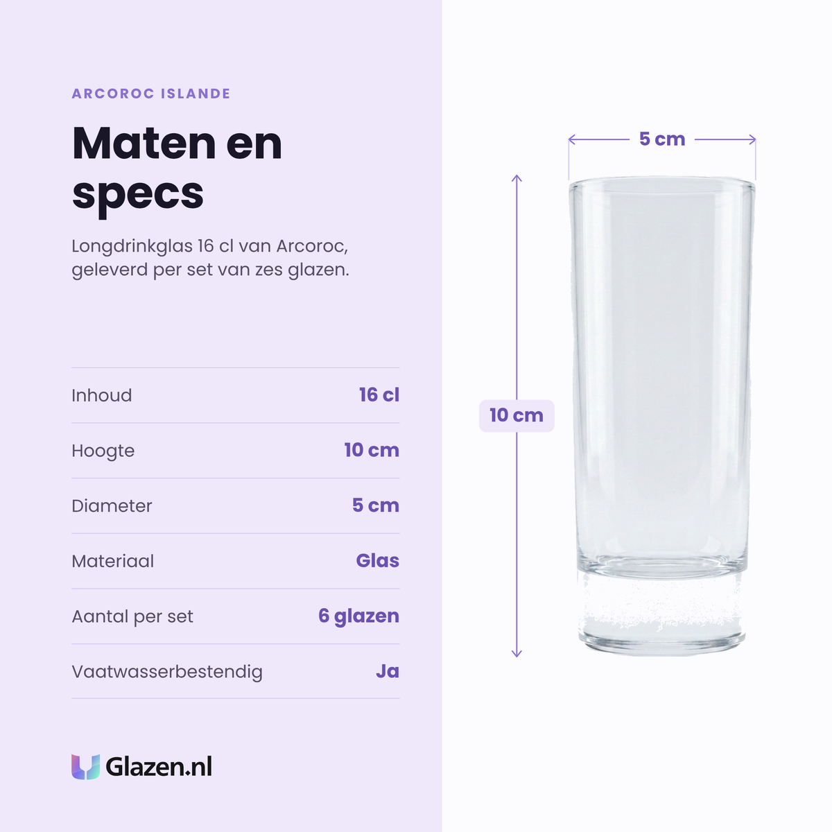Arcoroc Islande longdrinkglas 16 cl specificaties: inhoud 16 cl, hoogte 10 cm, diameter 5 cm, glas, set van 6