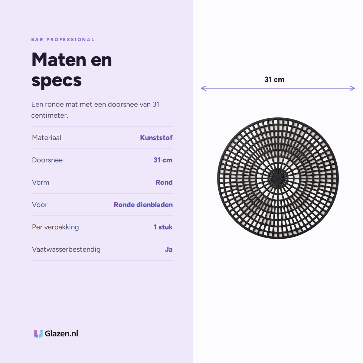 Maten en specs van Bar Professional Antislip Dienbladmat 31 cm
