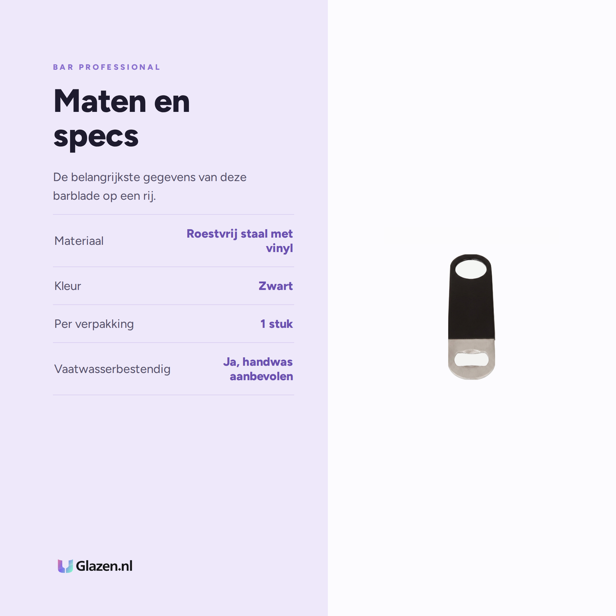 Maten en specificaties van Bar Professional Barblade Flesopener Zwart Vinyl