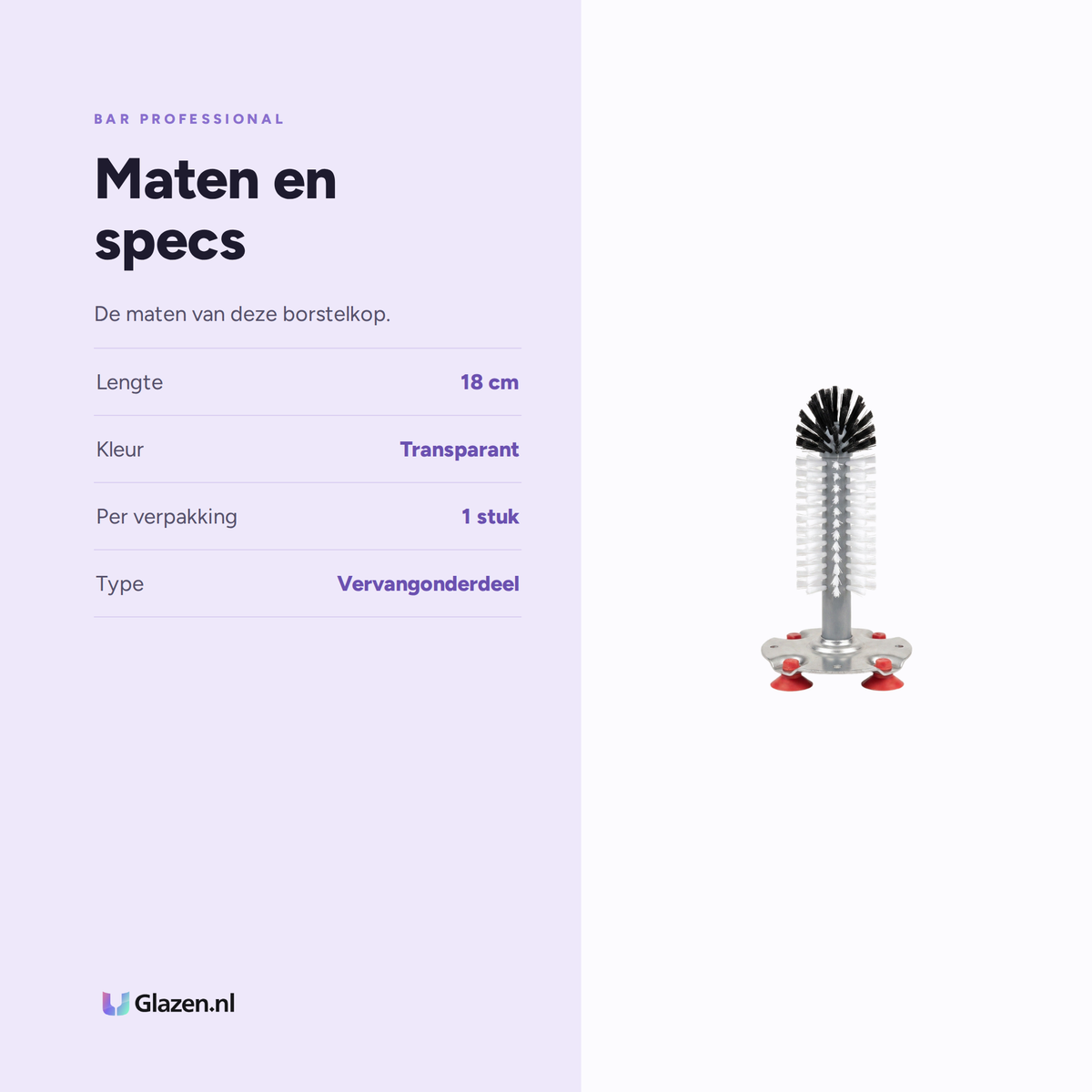 Infographic met de maten en specificaties van Bar Professional Borstelkop Enkel 18 Cm