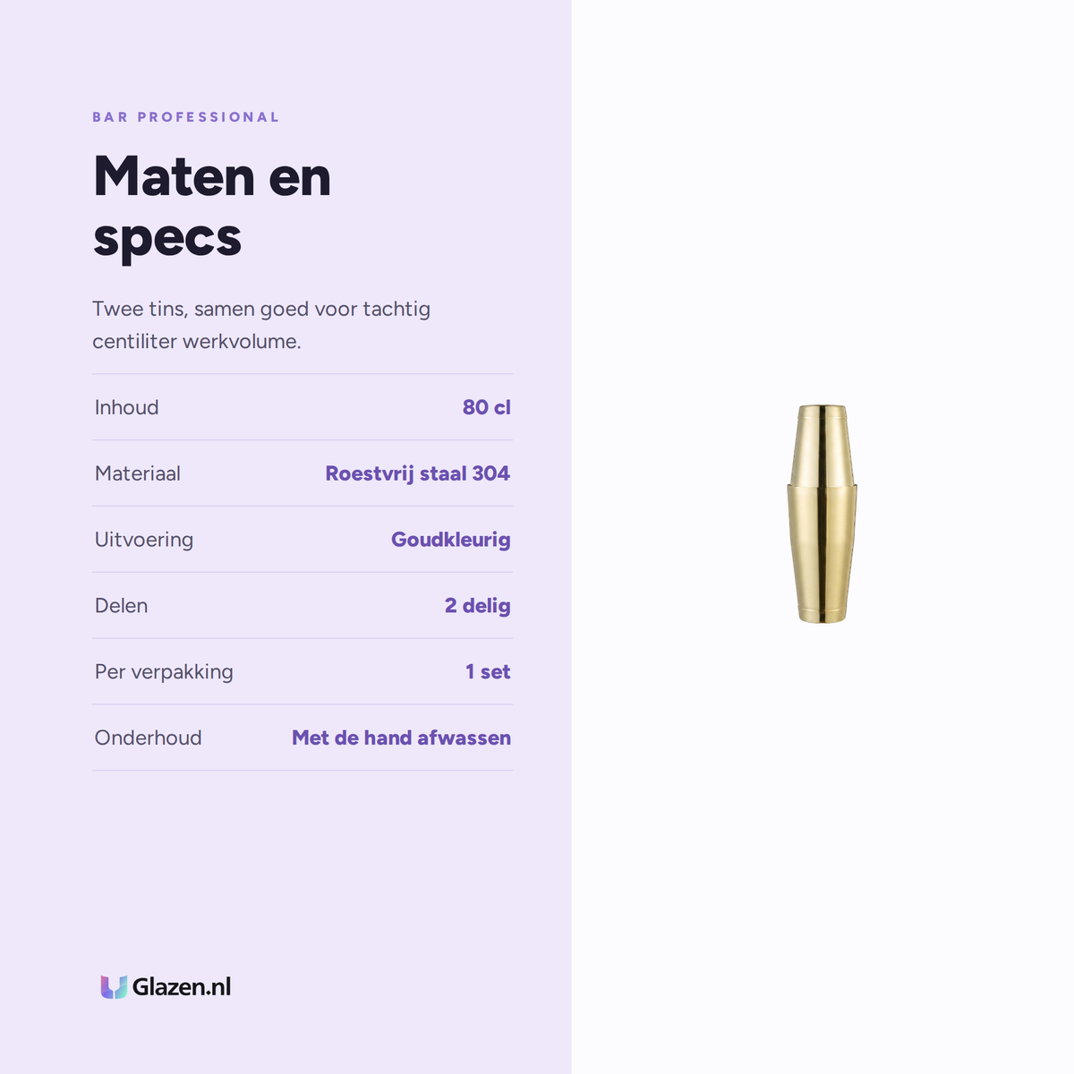 Infographic met de maten en specificaties van de Bar Professional Boston Shaker Set Goud 80 Cl