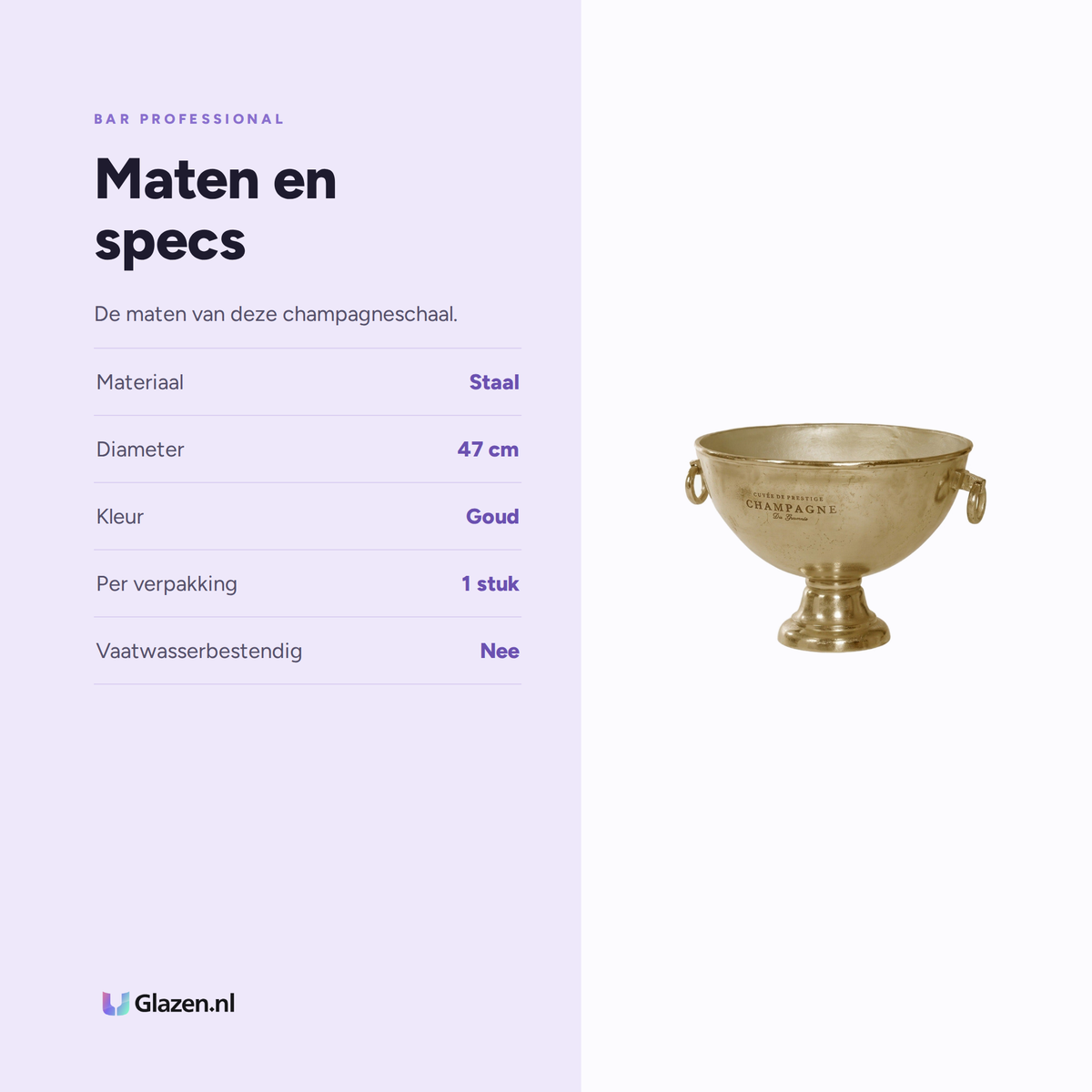 Infographic met de maten en specificaties van Bar Professional Champagne Bowl Vintage Goud 47 Cm