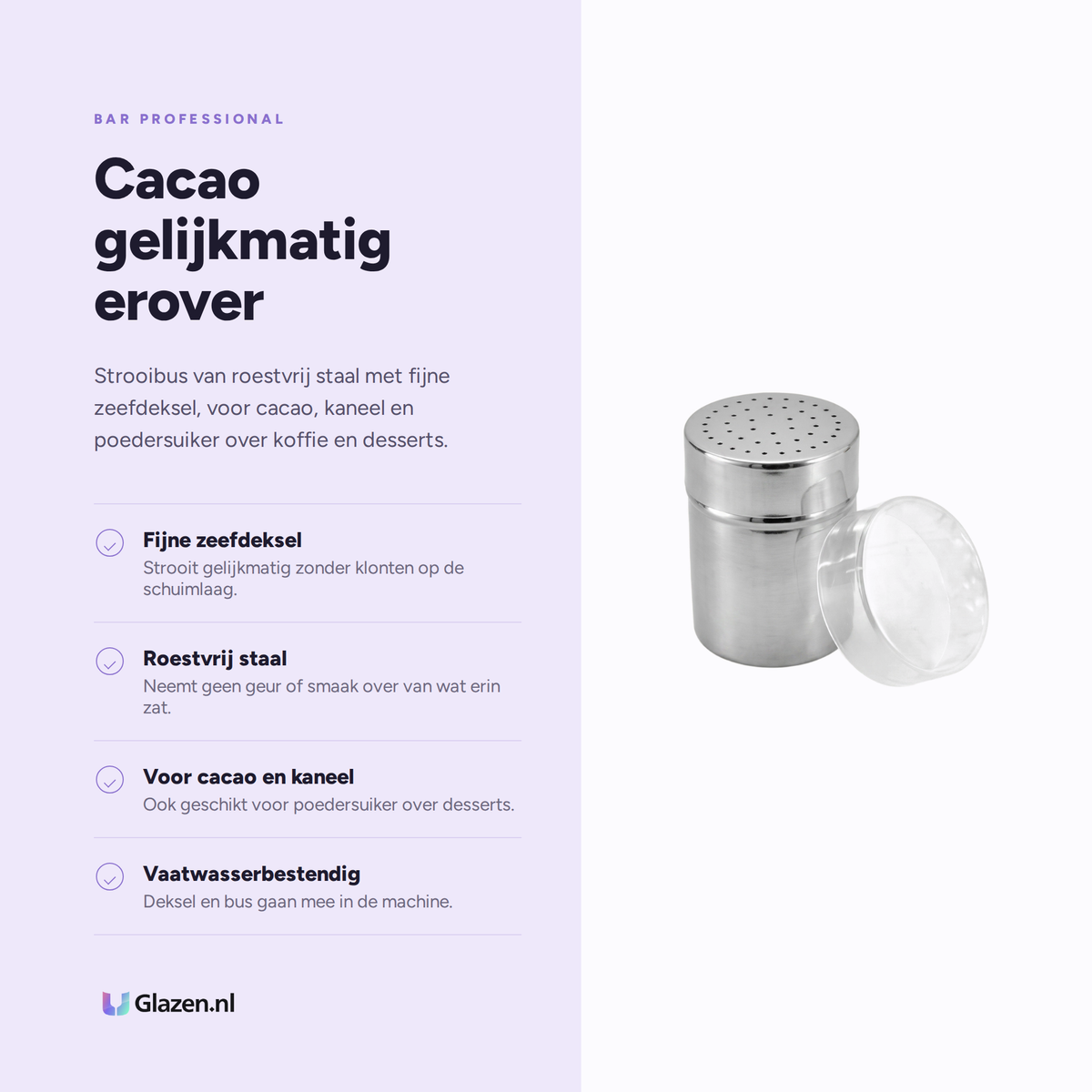 Infographic met de eigenschappen van Bar Professional Chocoladestrooier RVS