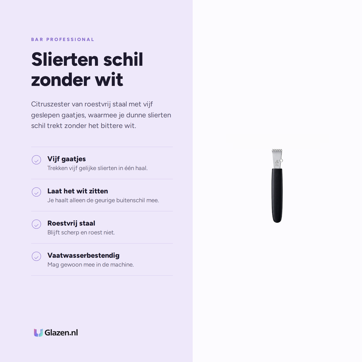 Infographic met de eigenschappen van Bar Professional Citruszester RVS
