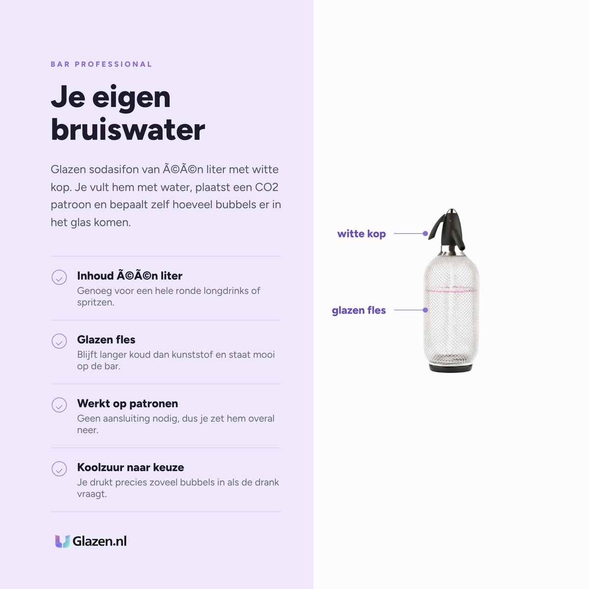 Infographic met de eigenschappen van Bar Professional Classic Sodasifon 1 Liter