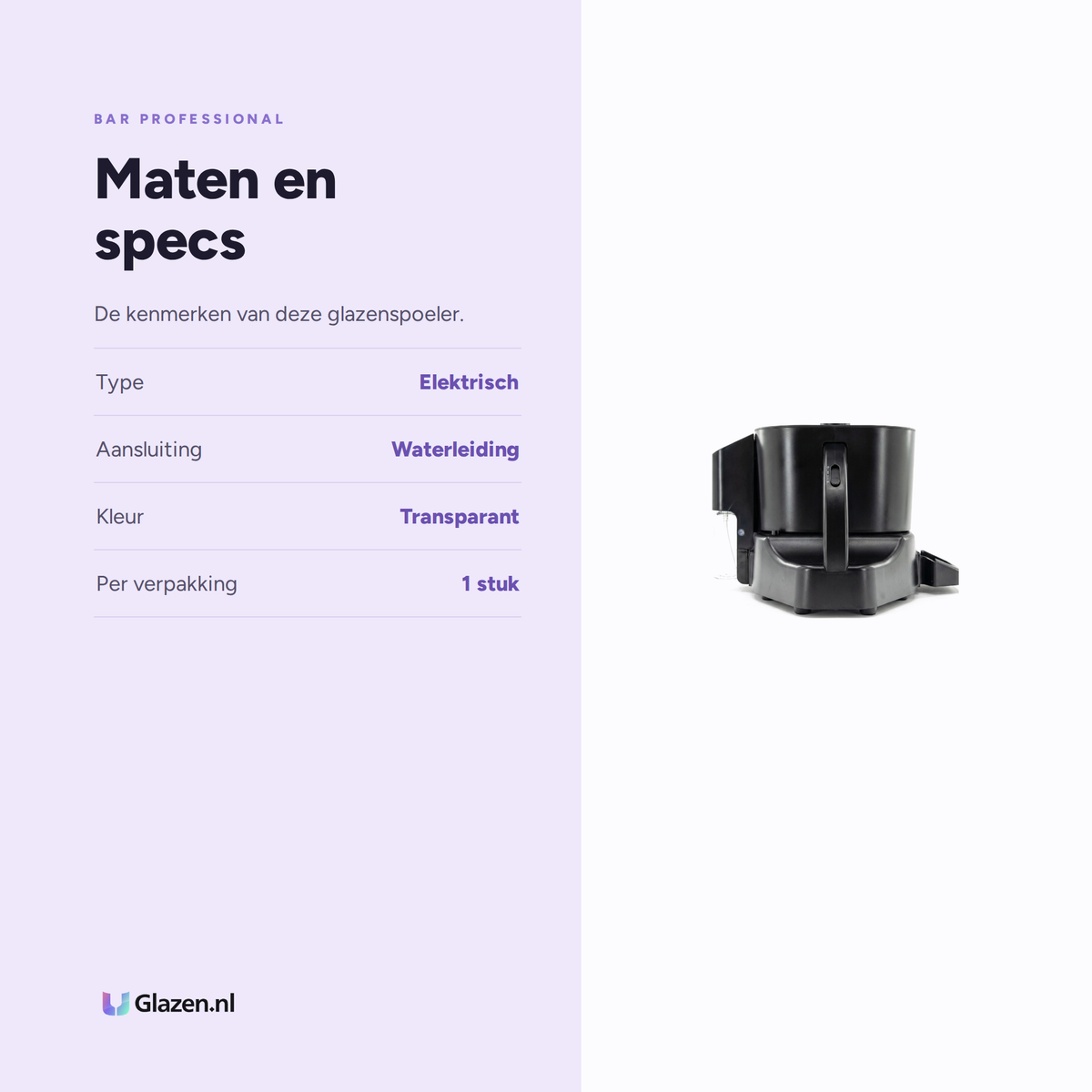 Infographic met de maten en specificaties van Bar Professional Clear 360 Pro Glazenspoeler