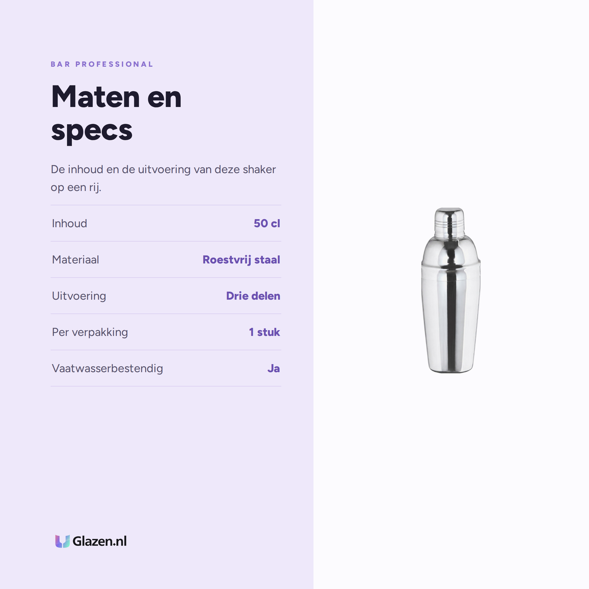 Bar Professional Cocktailshaker 3-Delig RVS 50 Cl, maten en specificaties