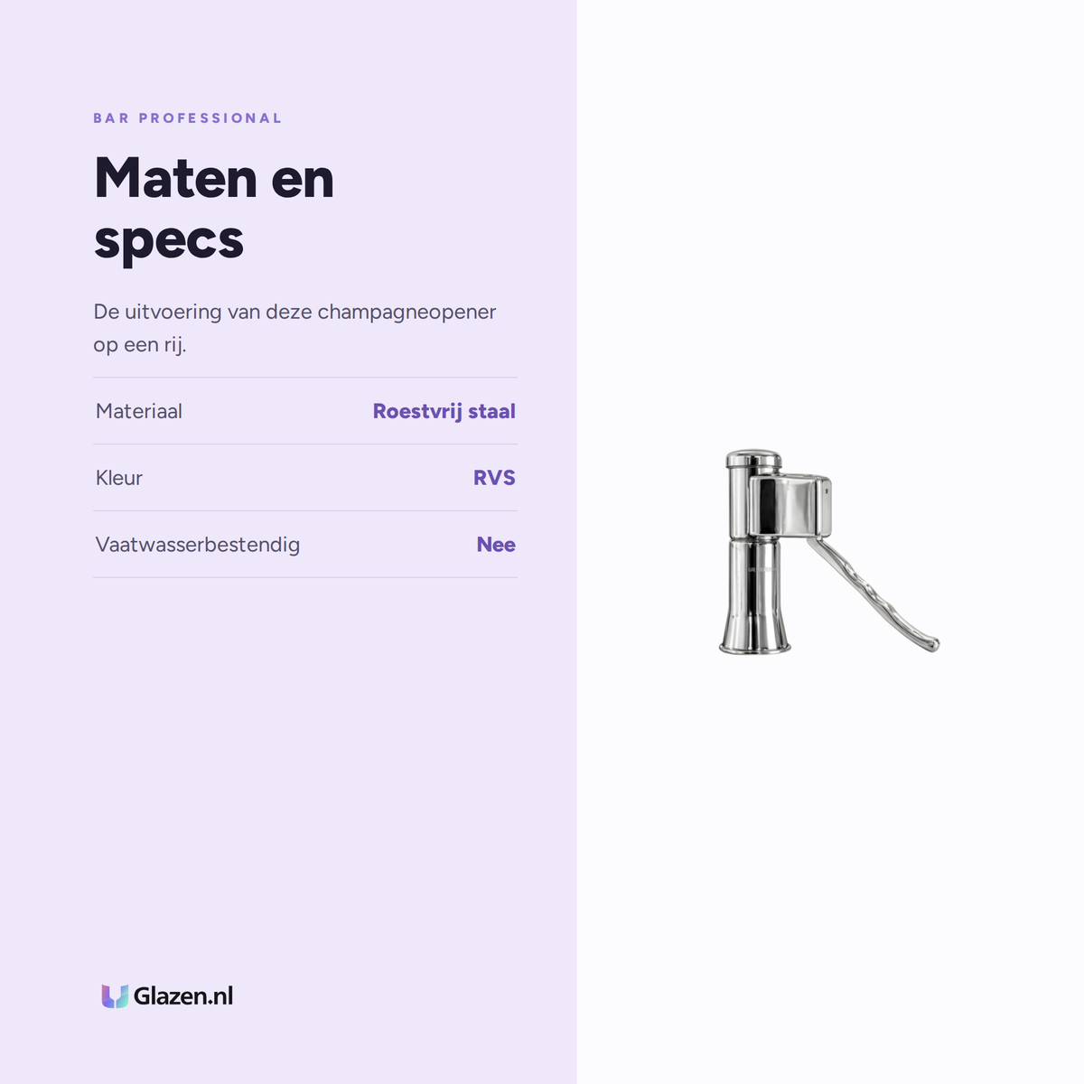 Maten en specificaties van Bar Professional Descorjet Champagneopener RVS
