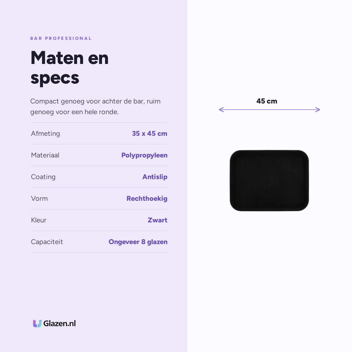 Maten en specificaties van het Bar Professional antislip dienblad 35 bij 45 cm