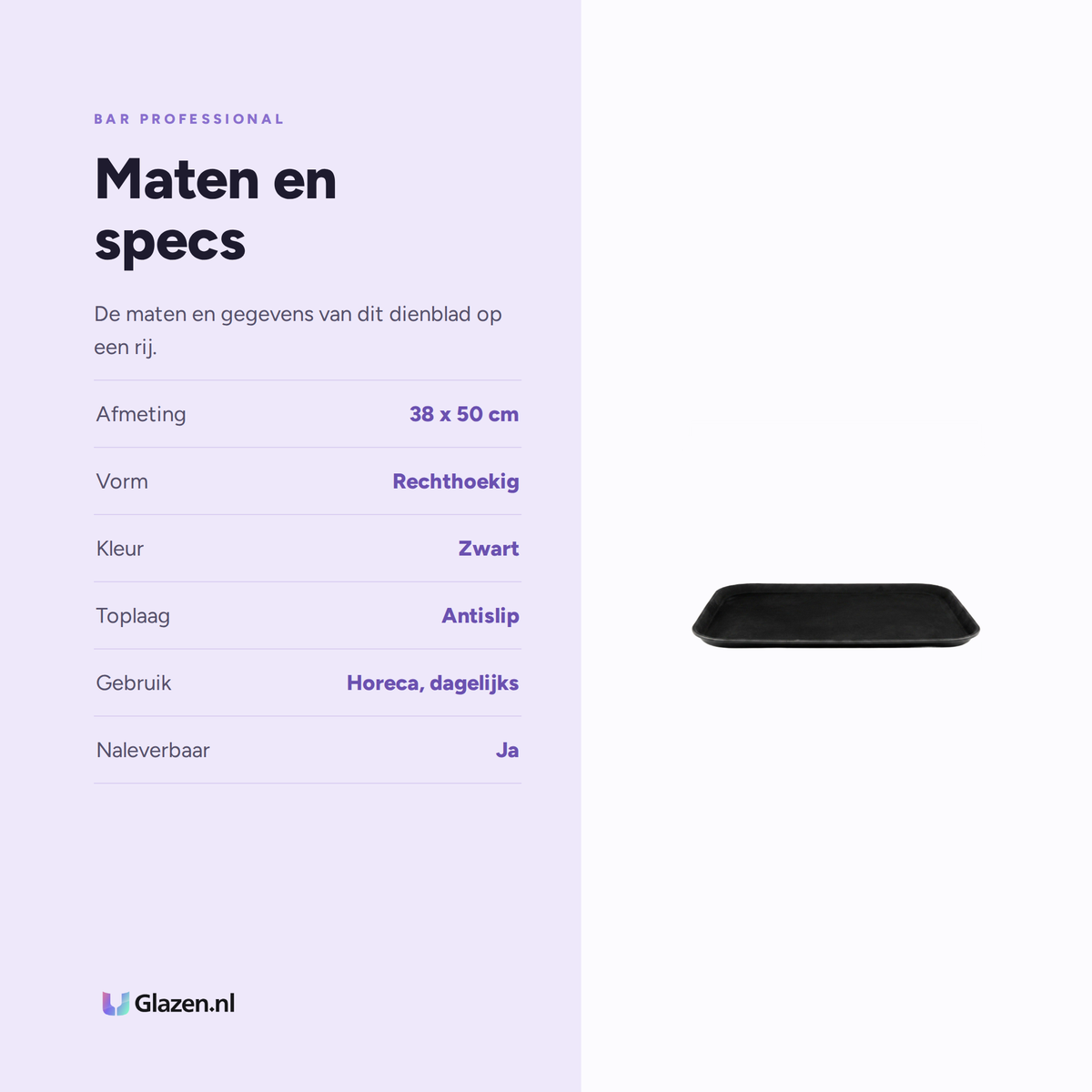 Maten en specificaties van het Bar Professional antislip dienblad van 38 bij 50 cm