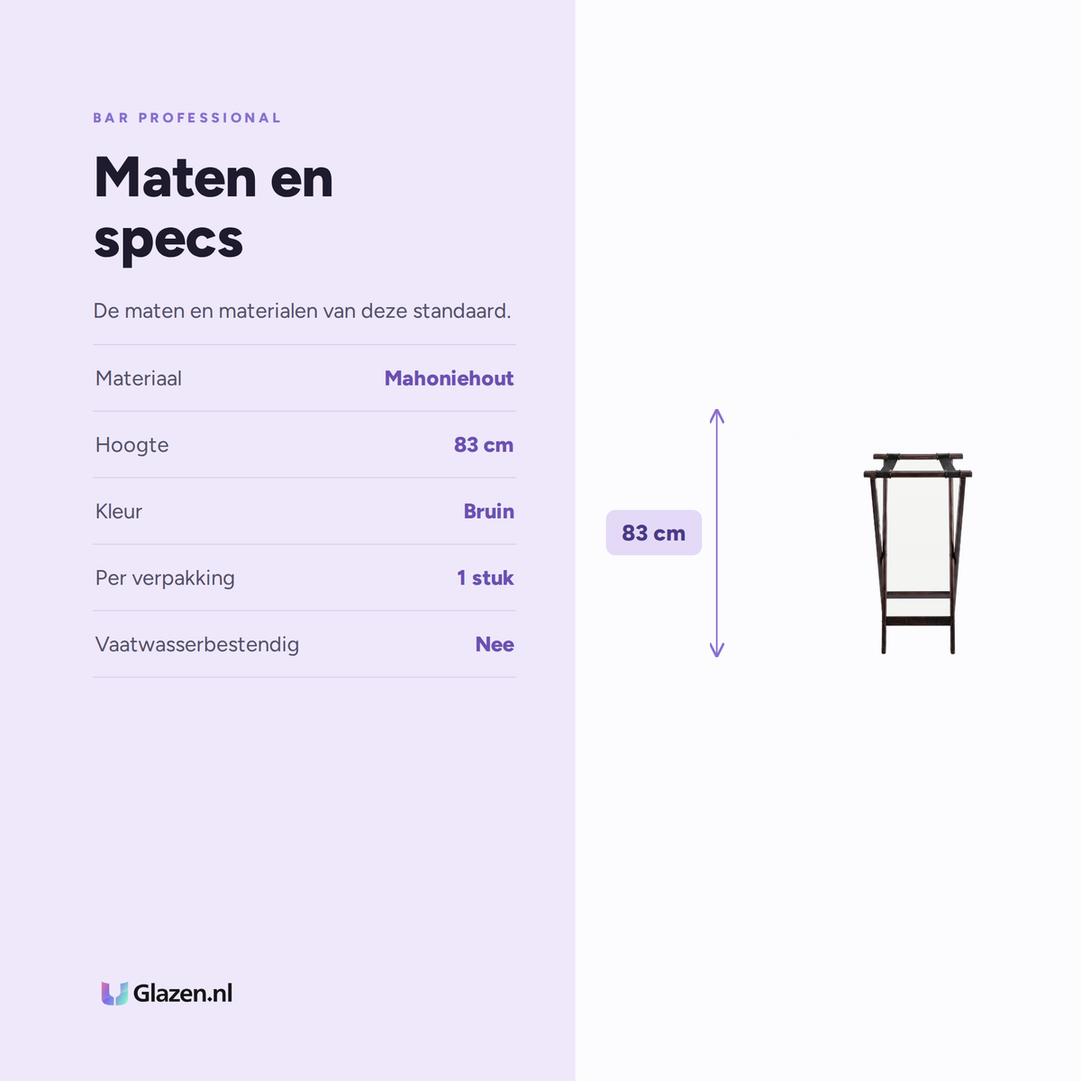 Infographic met de maten en specificaties van Bar Professional Dienbladstandaard Mahonie Hout 83 Cm