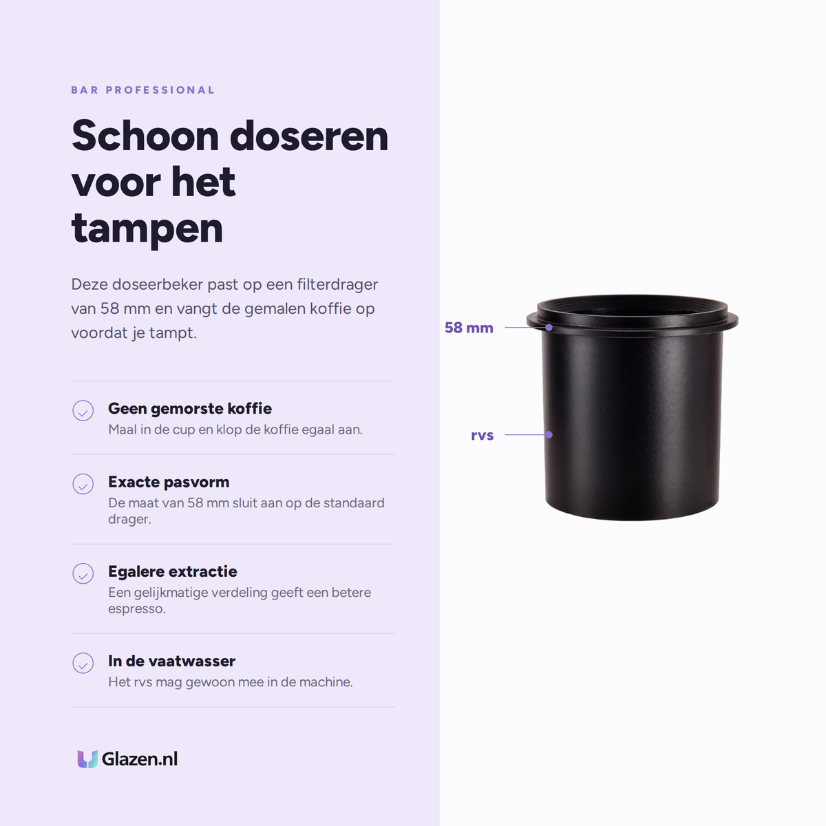 Infographic met de eigenschappen van Bar Professional Doseerbeker 58 mm Zwart
