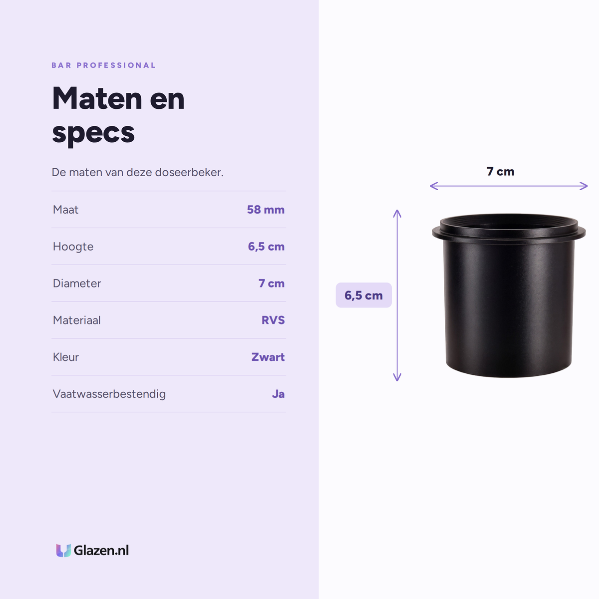 Maten en specificaties van Bar Professional Doseerbeker 58 mm Zwart