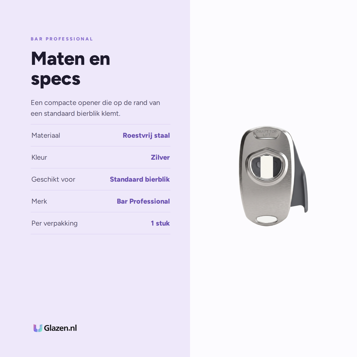 Maten en specificaties van de Bar Professional Draft Top blikopener RVS