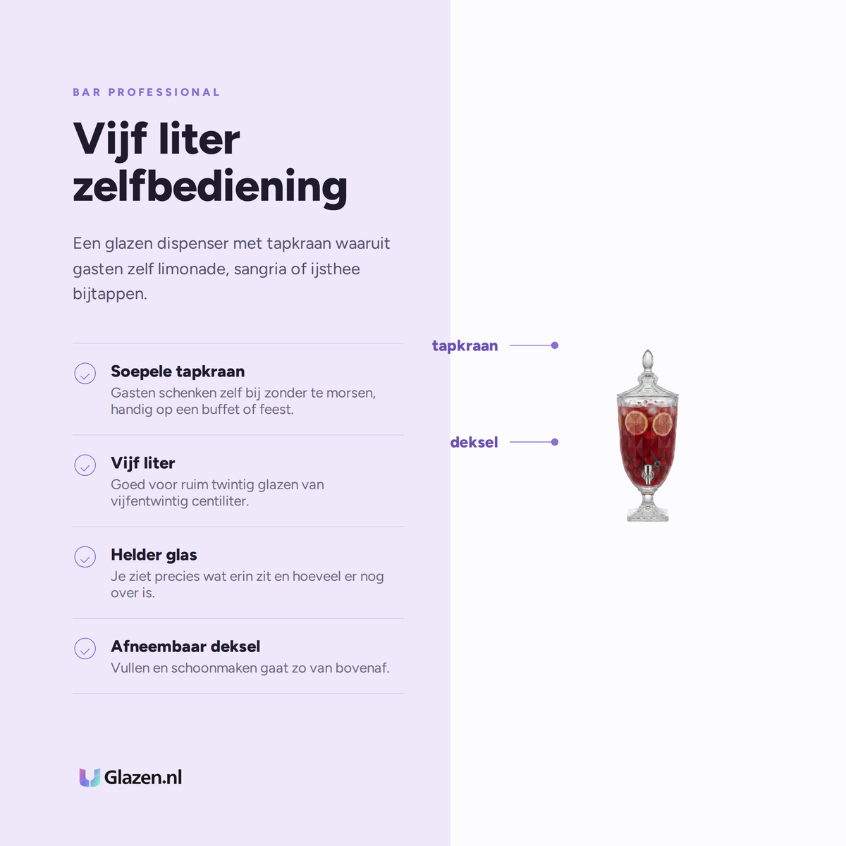 Eigenschappen van de Bar Professional Drankdispenser Glas met Tap 5 Liter