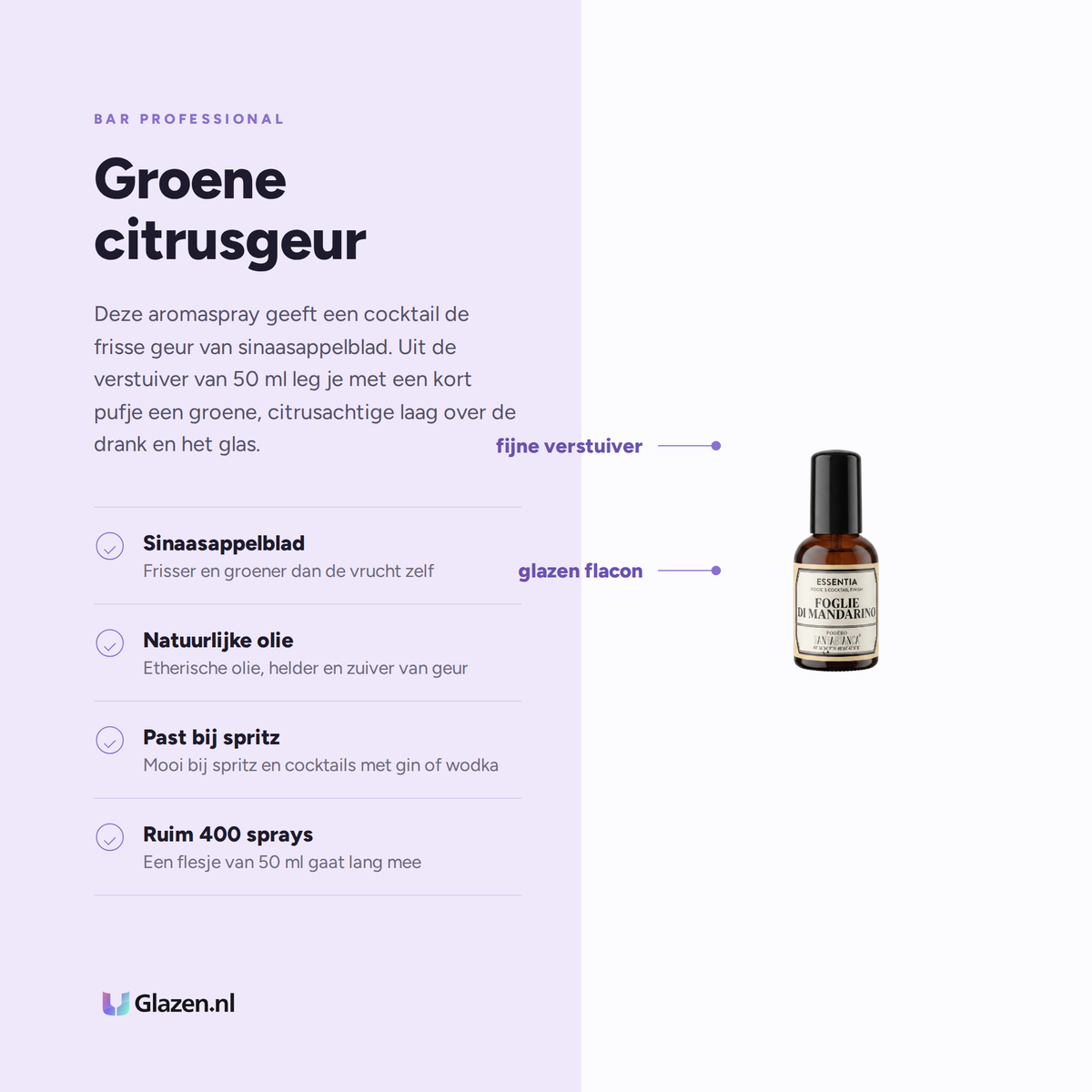 Eigenschappen van de Bar Professional Essentia Orange Leaves aromaspray van 50 ml