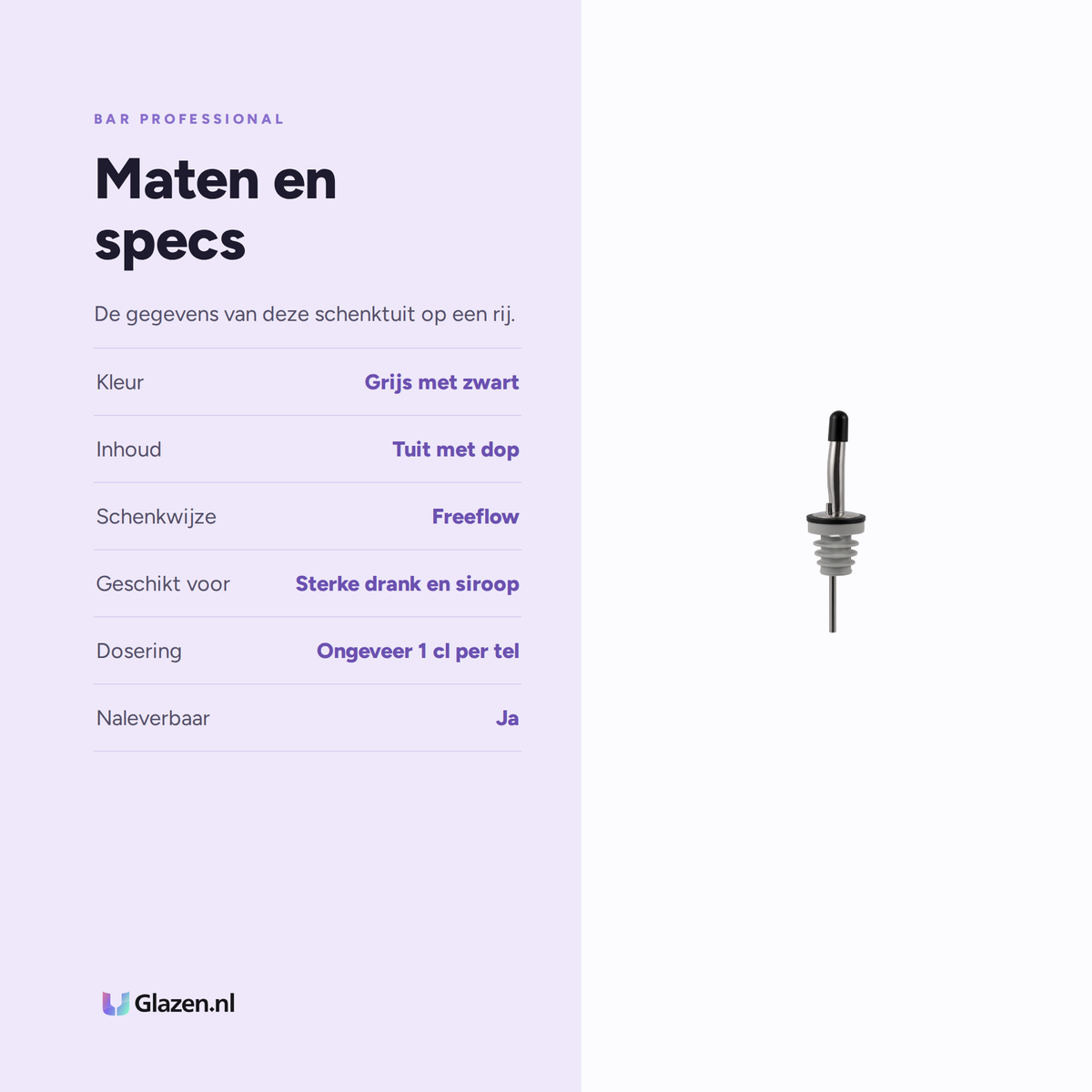 Maten en specificaties van de Bar Professional freeflow schenktuit met dop in grijs en zwart