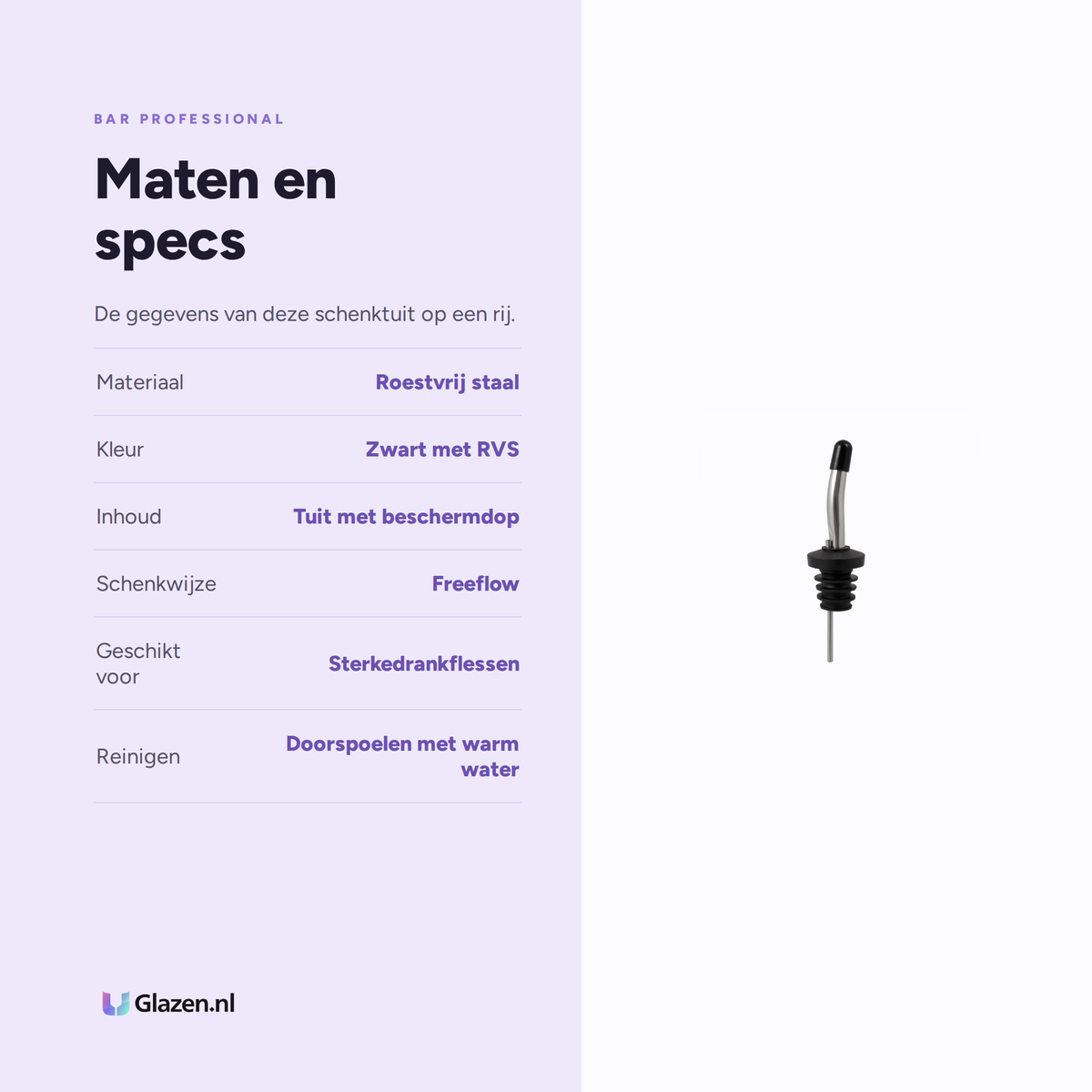 Maten en specificaties van de Bar Professional freeflow schenktuit met dop in zwart en RVS