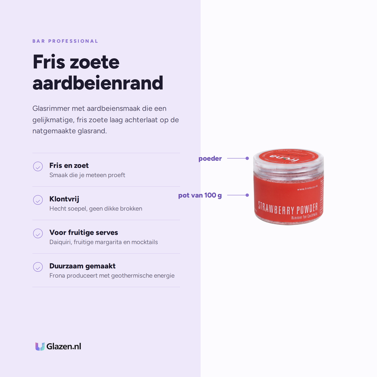 Eigenschappen van de Frona glasrimmer met aardbei van 100 gram