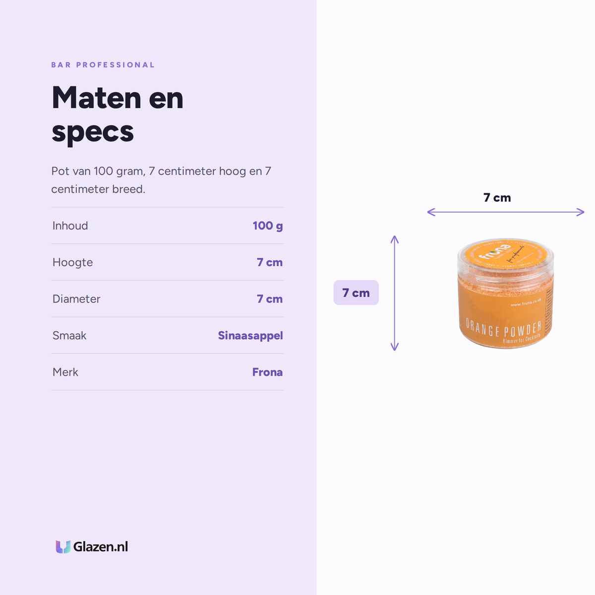 Maten en specificaties van de Frona glasrimmer met sinaasappel van 100 gram