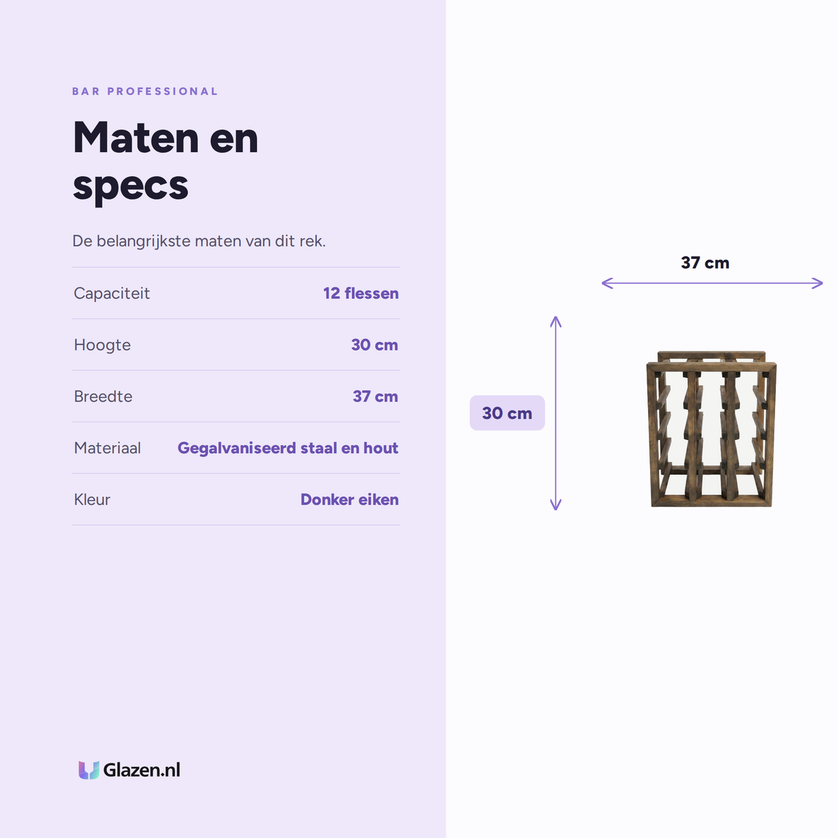 Maten en specificaties van Bar Professional Furu Wijnrek 12 Flessen Donker Eiken