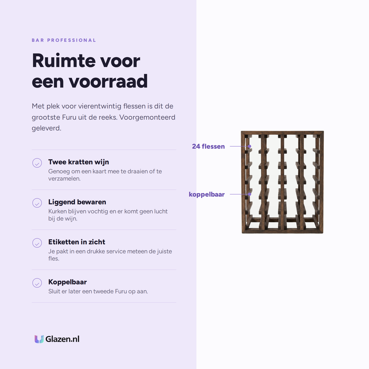 Infographic met de eigenschappen van Bar Professional Furu Wijnrek 24 Flessen Donkerbruin