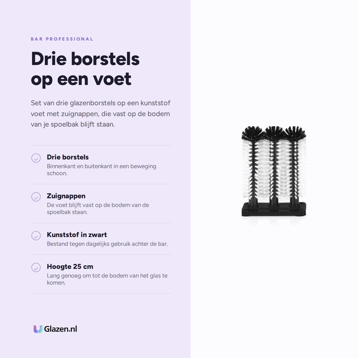 Infographic met de eigenschappen van Bar Professional Glazenborstel Set 3-Delig met Zuignappen