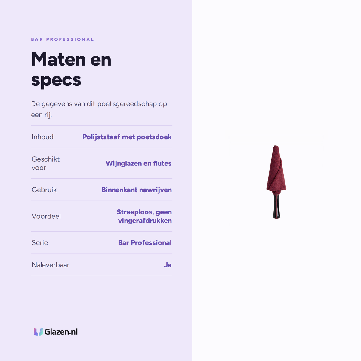 Maten en specificaties van de Bar Professional glazenpolijststaaf met poetsdoek