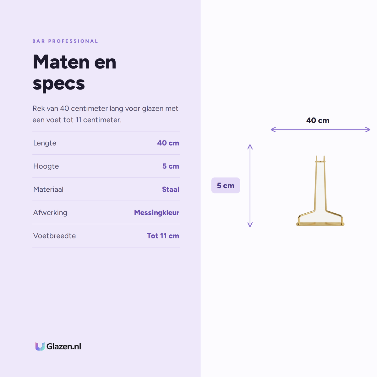 Maten en specificaties van het glazenrek in messingkleur van 40 centimeter van Bar Professional