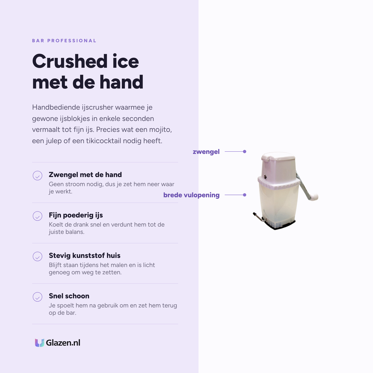 Infographic met de eigenschappen van Bar Professional IJscrusher Wit