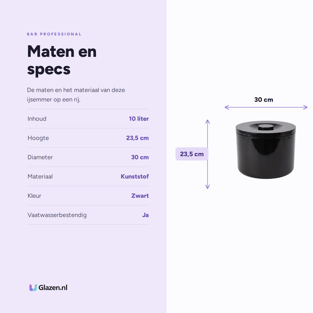 Maten en specs van Bar Professional IJsemmer Zwart 10 Liter