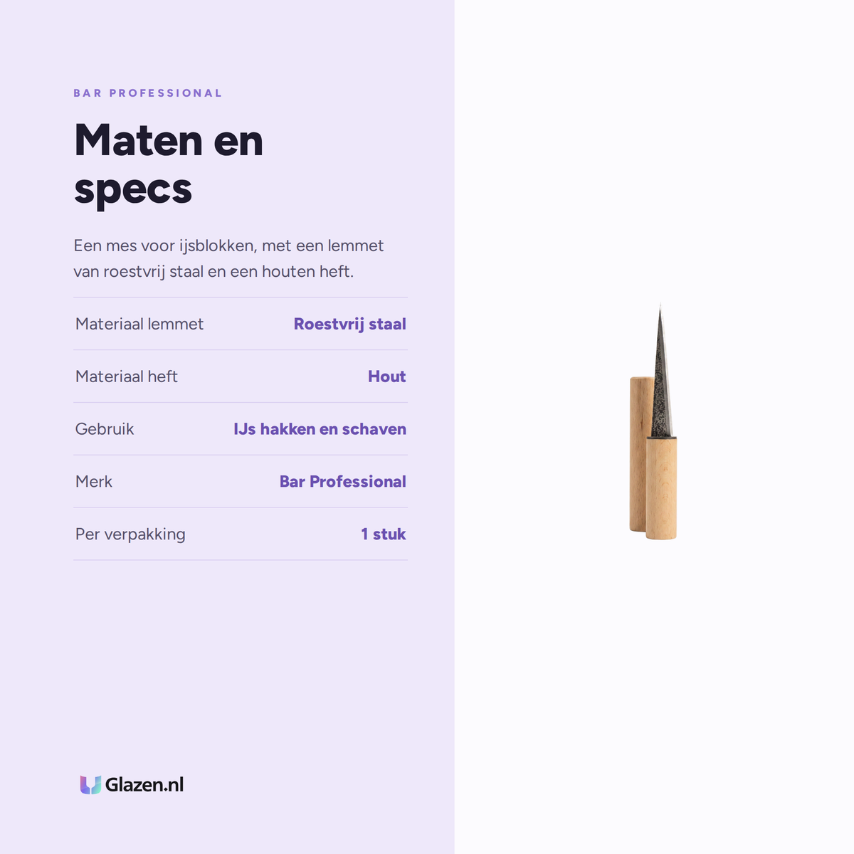 Maten en specificaties van het Bar Professional Japans ijsmes RVS met houten heft