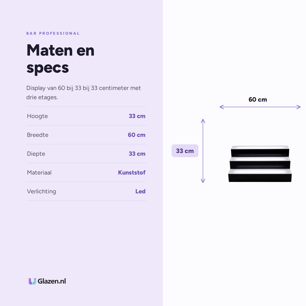 Maten en specificaties van het LED flessendisplay met drie etages van Bar Professional