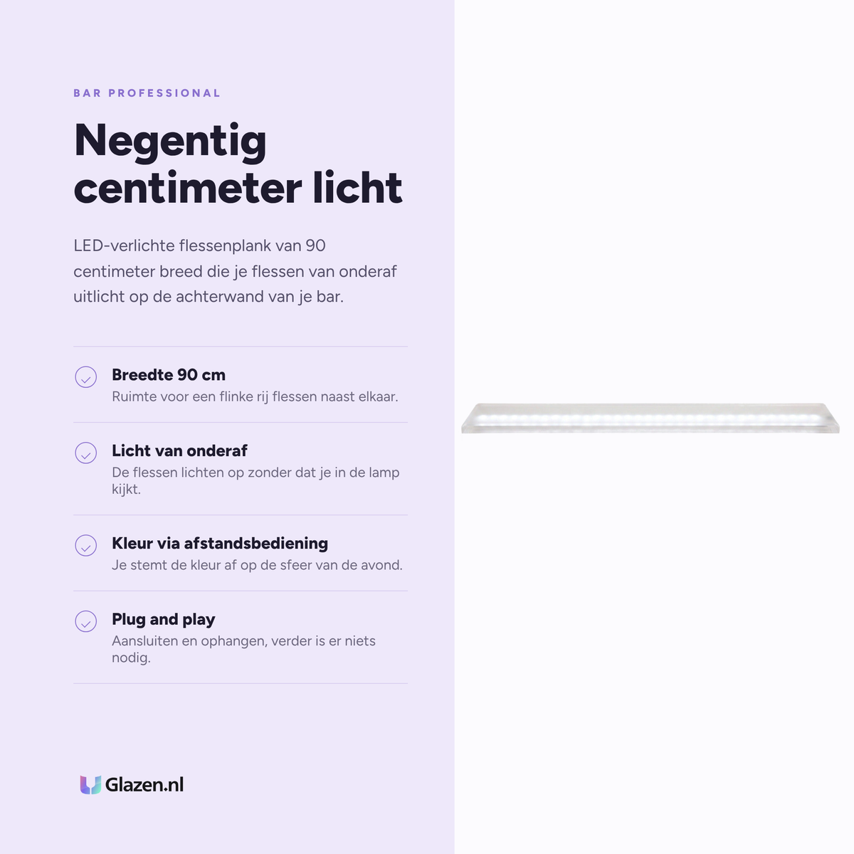 Bar Professional LED Flessenplank 90cm Wit/Zwart eigenschappen: breedte 90 cm, licht van onderaf, kleur via afstandsbediening, plug and play