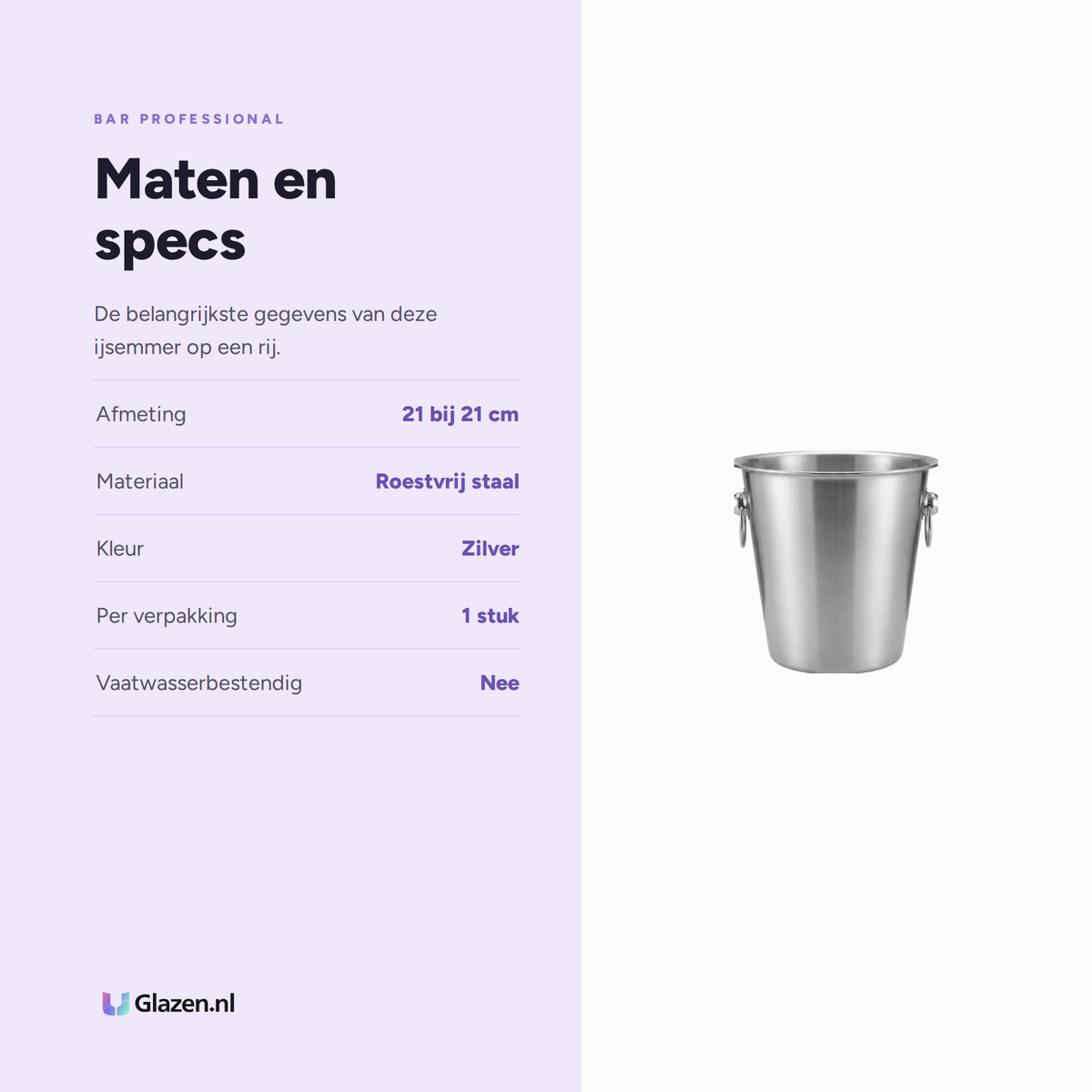 Maten en specificaties van Bar Professional Lugano IJsemmer RVS 21x21 Cm