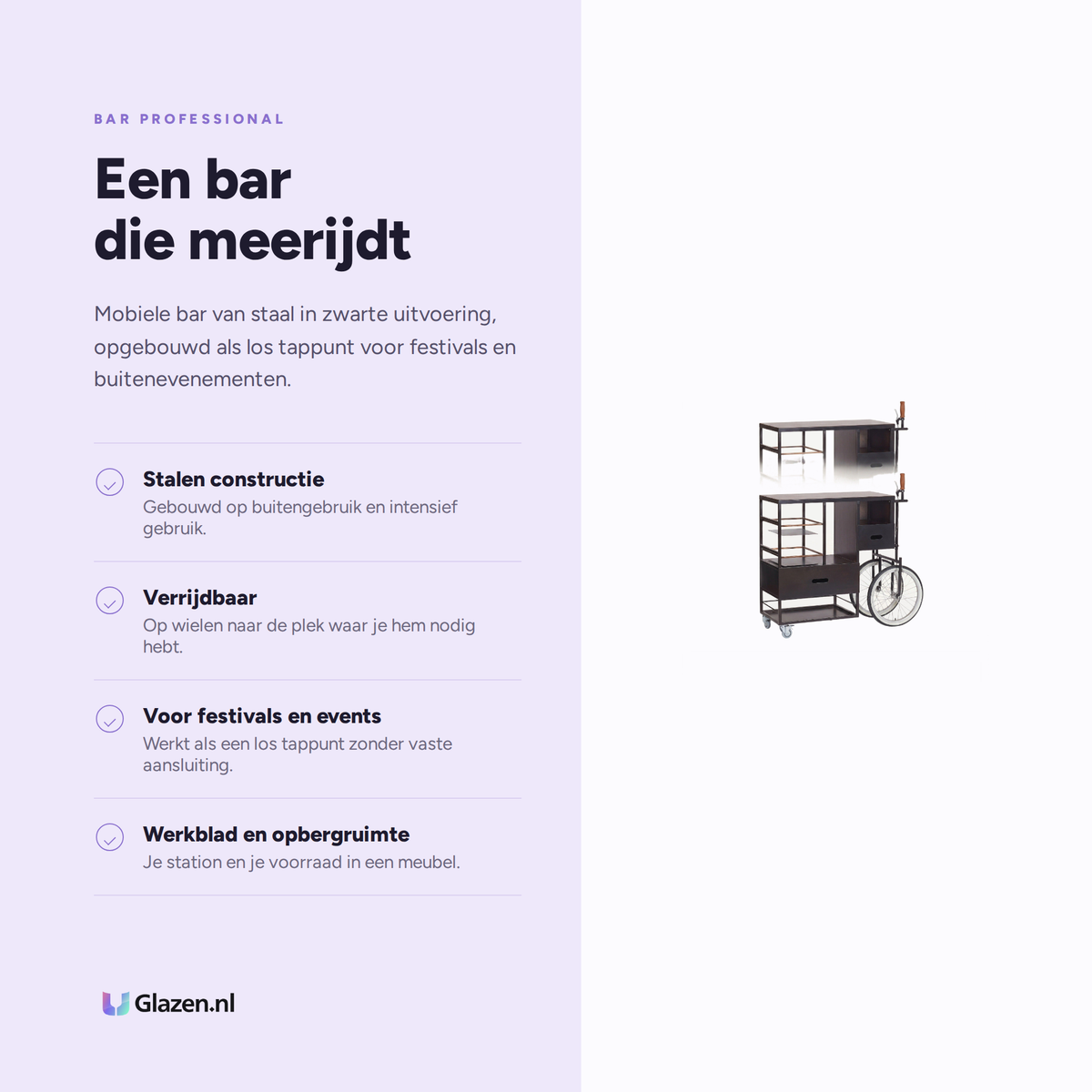 Infographic met de eigenschappen van Bar Professional Mobiele Bar Village