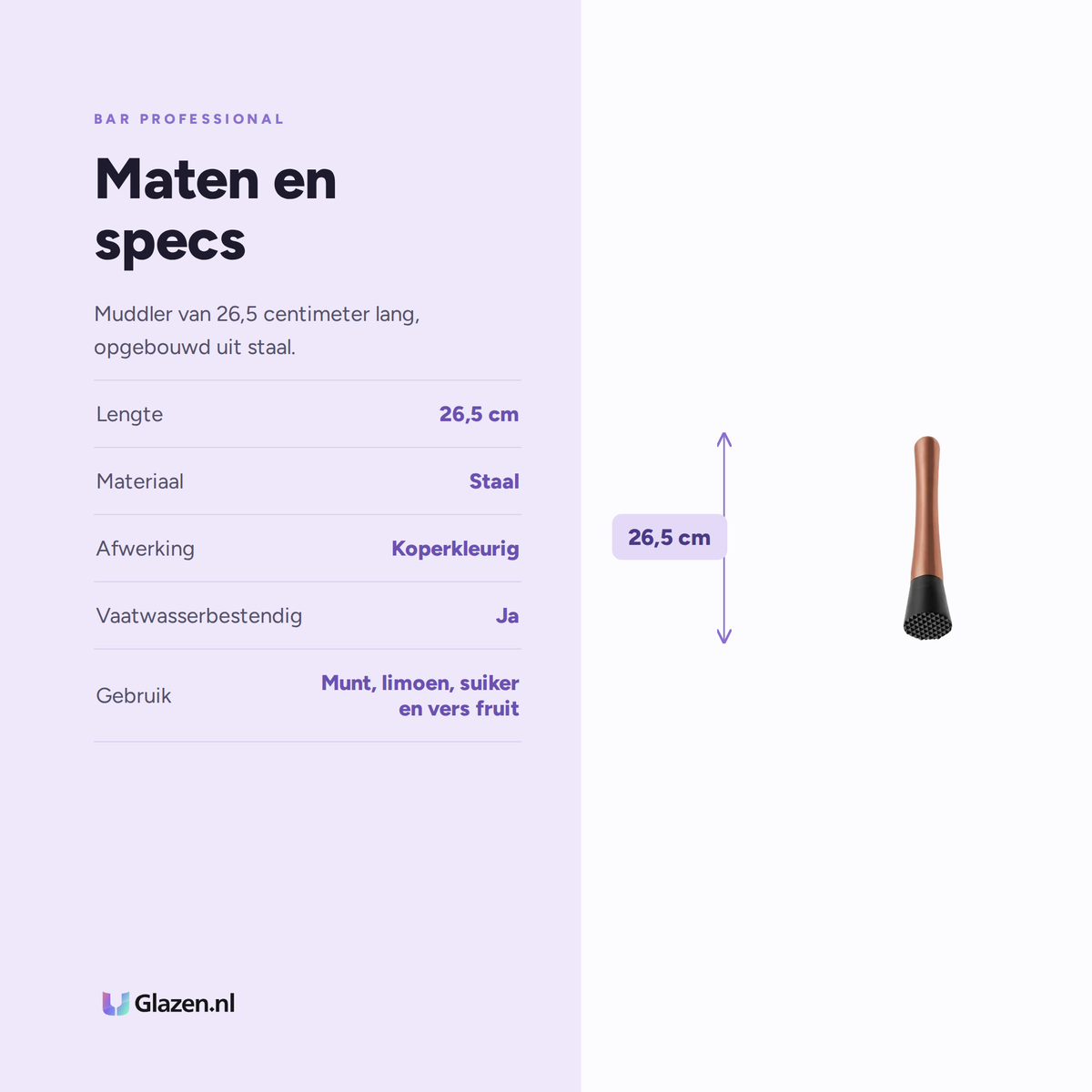 Maten en specificaties van de muddler in koper van 26,5 centimeter van Bar Professional