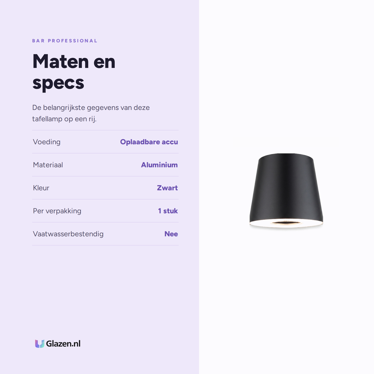 Maten en specificaties van Bar Professional Portable LED Tafellamp Zwart