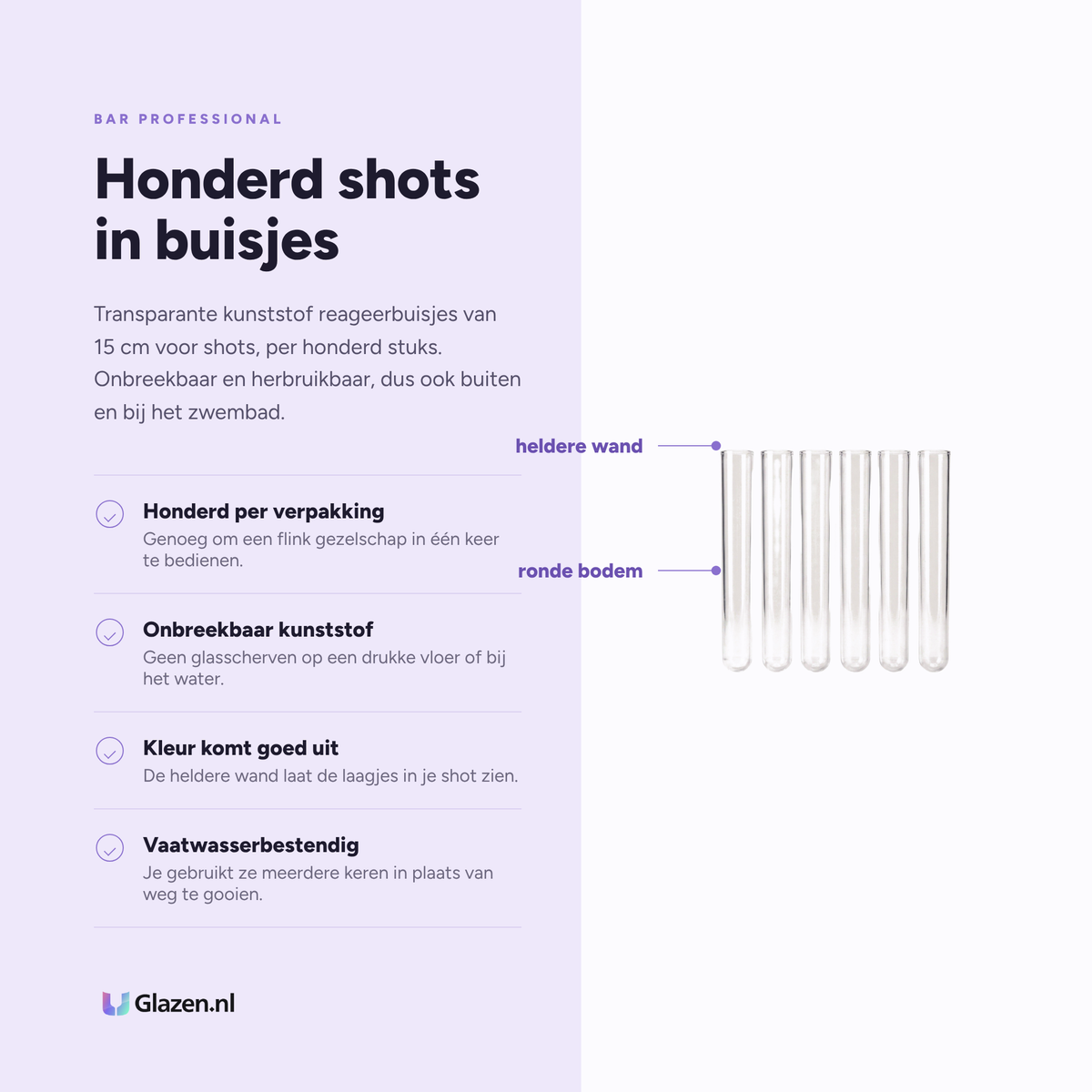 Infographic met de eigenschappen van Bar Professional Reageerbuisjes Shot Transparant 15 Cm