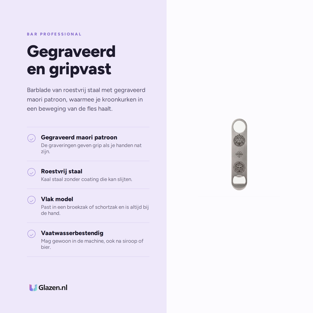 Infographic met de eigenschappen van Bar Professional Speakeasy Maori Barblade Flesopener RVS