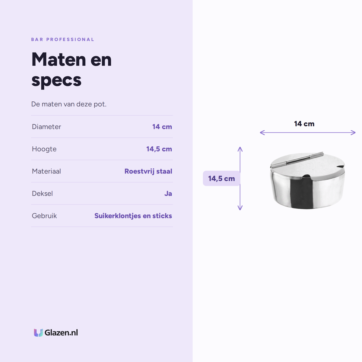 Bar Professional Suikerpot RVS 14 Cm maten en specs