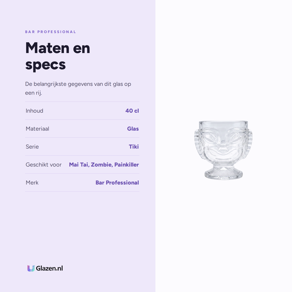 Maten en specs van het Bar Professional Tiki TwoFace Cocktailglas 40 Cl