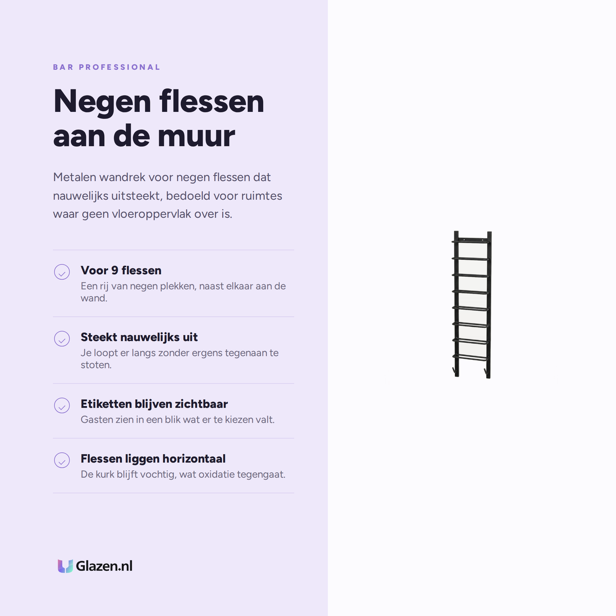 Infographic met de eigenschappen van Bar Professional Wandwijnrek 9 Flessen Metaal
