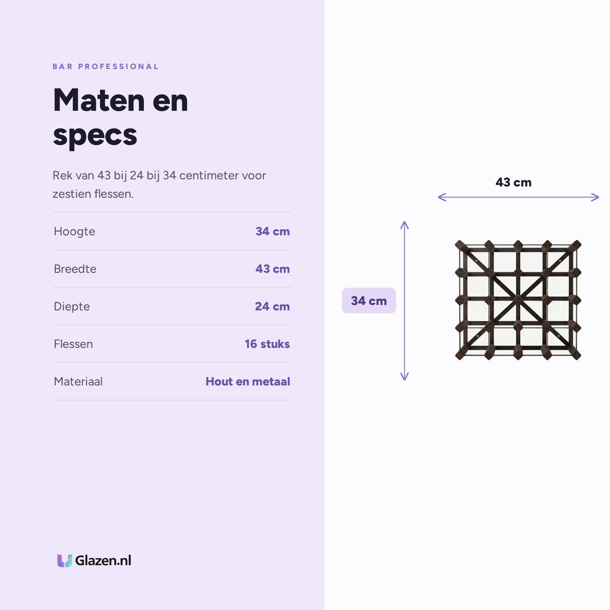 Maten en specificaties van het wijnrek voor zestien flessen in donker eiken van Bar Professional