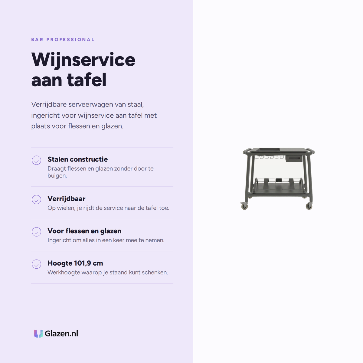 Infographic met de eigenschappen van Bar Professional Wijnserveerwagen