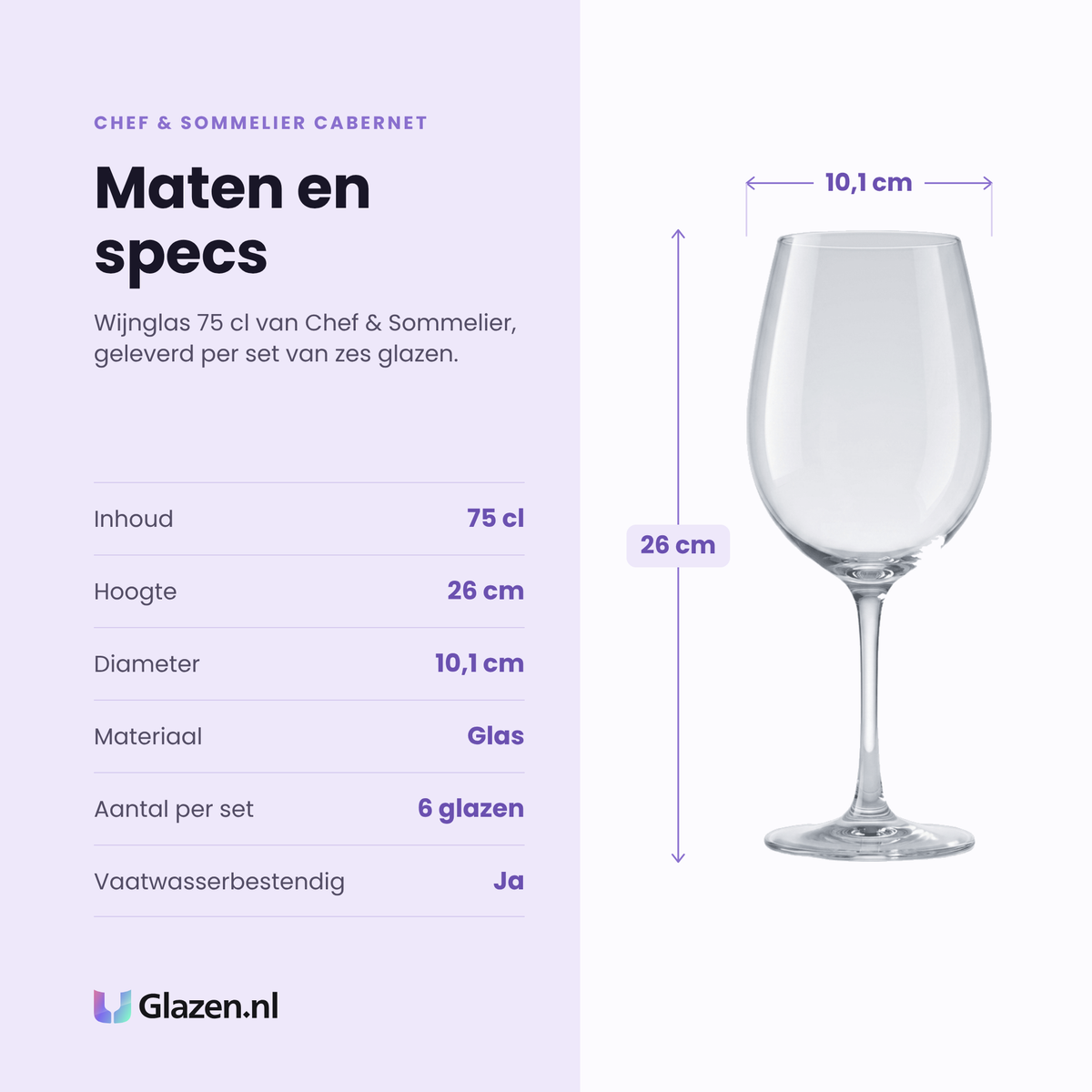 Chef & Sommelier Cabernet Tulip wijnglas 75 cl specificaties: inhoud 75 cl, hoogte 26 cm, diameter 10,1 cm, glas, set van 6